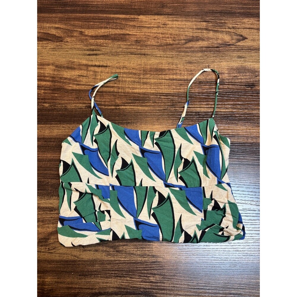 Zara Chic Women's Smocked Cropped Tank Top Blue Green Print Linen Blend Size S